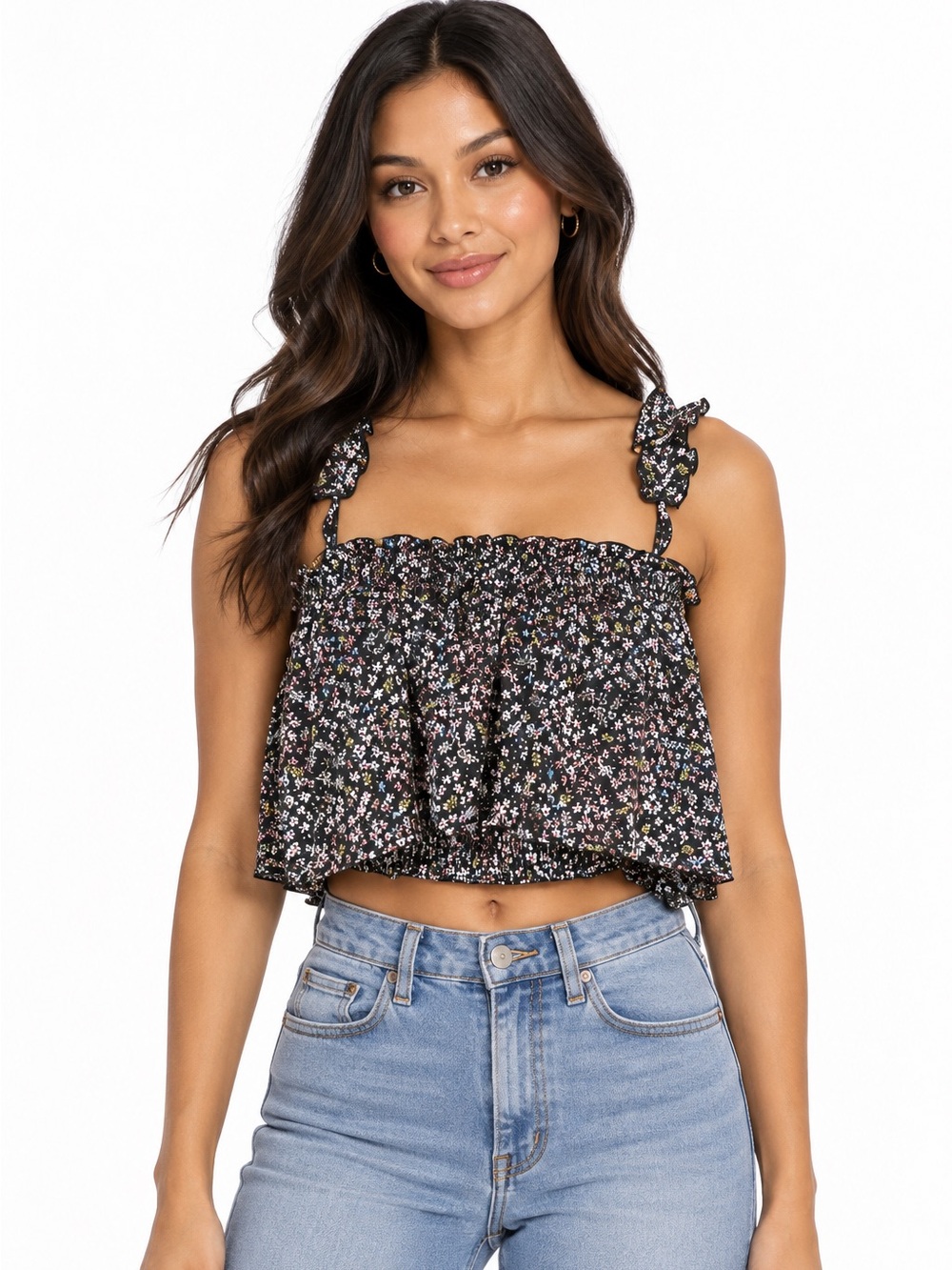 Lyn Burches Floral Smocked Crop Top  Ruffle Overlay Cottagecore Y2K